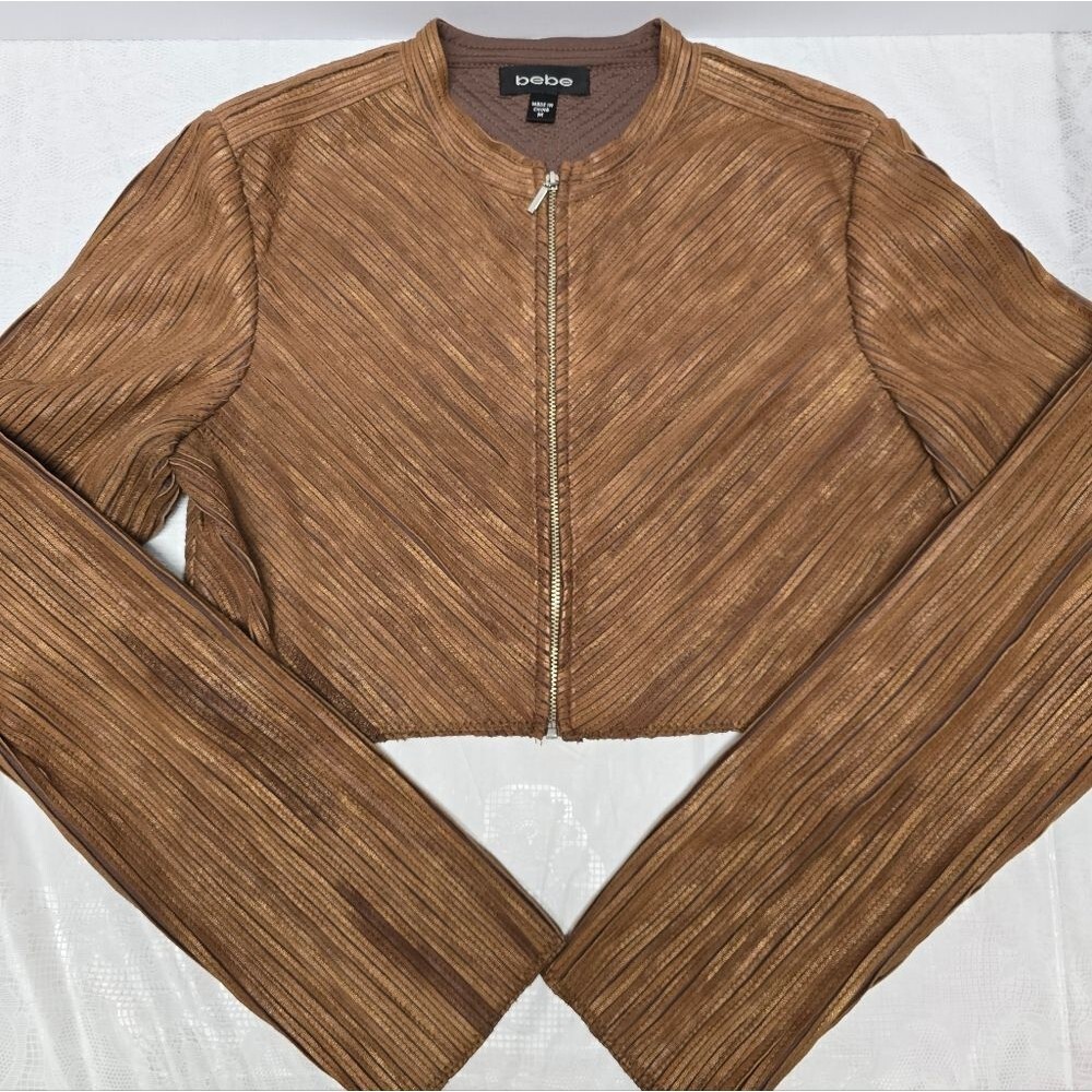Bebe Bolero Cognac Brown Genuine Leather Stretch Cropped Jacket Size M Boho Chic
